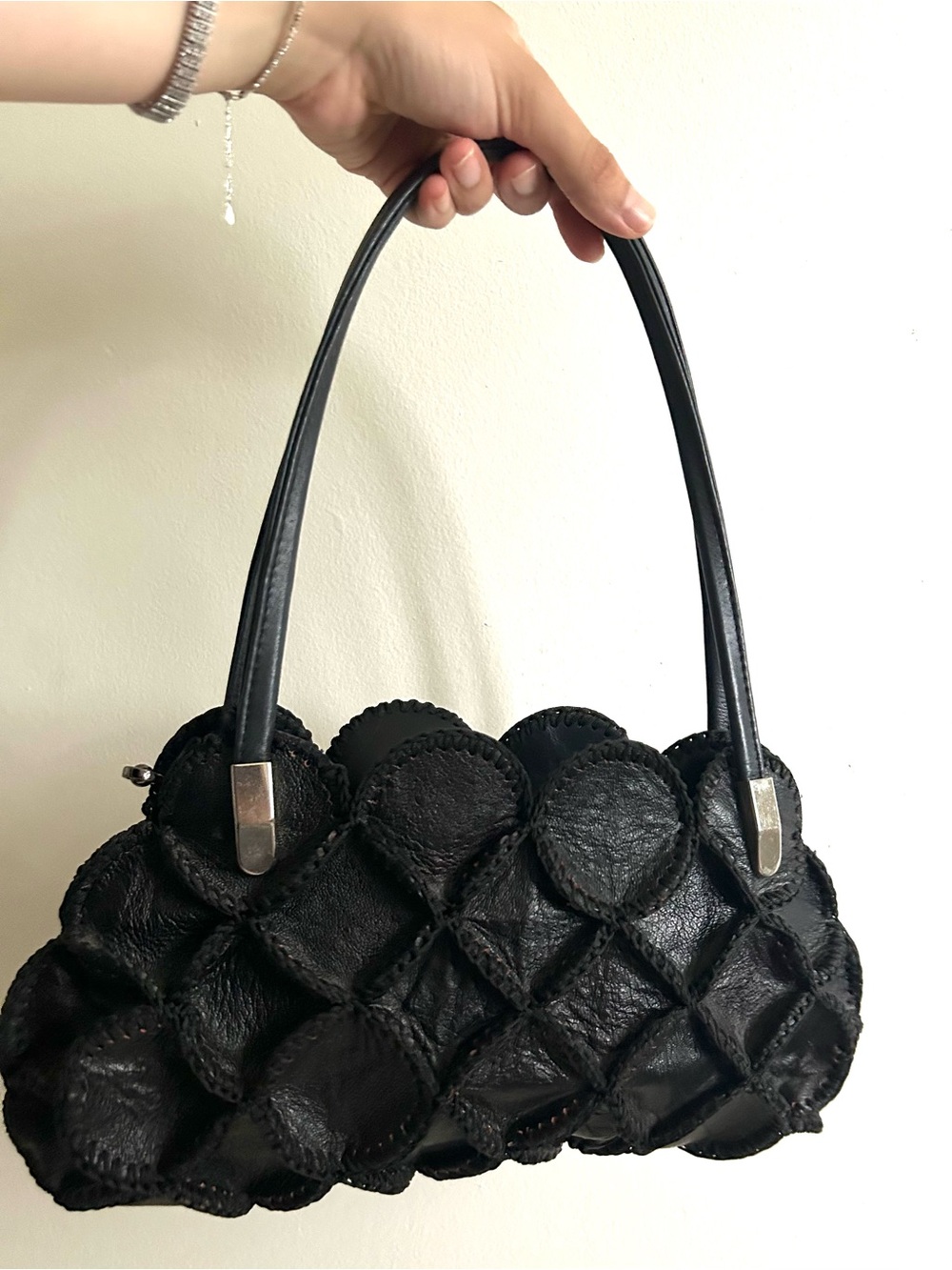 Vintage Leather Patchwork Shoulder Bag in Black